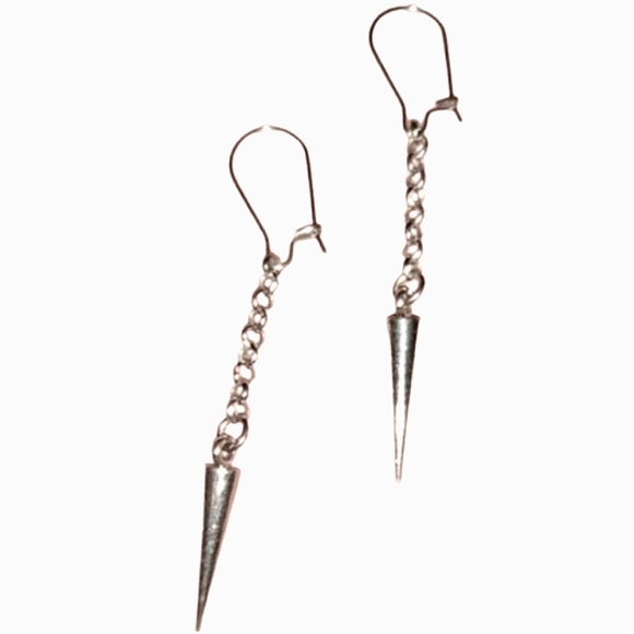 Silver Spike Long Chain Earrings Handmade Goth Steel Ear Wires Punk Biker KATTA - Picture 2 of 8